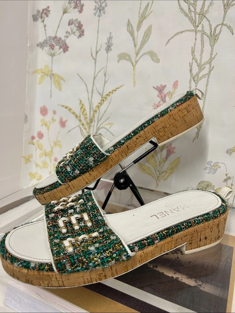 CHANEL Green Tweed Espadrille Slide Sandals with Gold Chain Logo